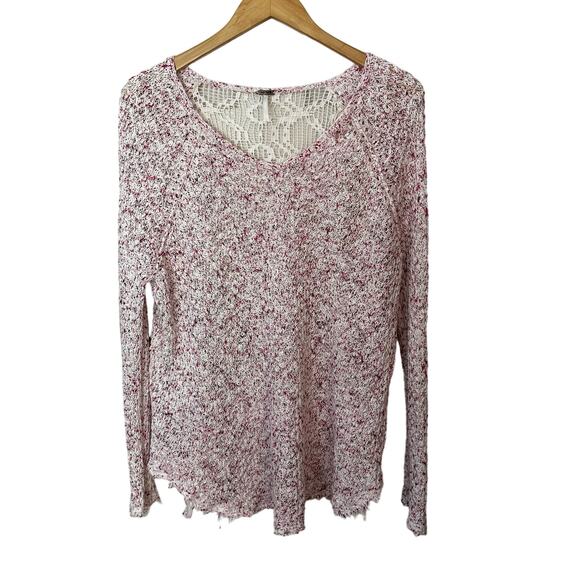 Free‎ People Boho Sweater Womens M Pink White Crochet Lace Knit Back Raw Hem - Picture 1 of 7